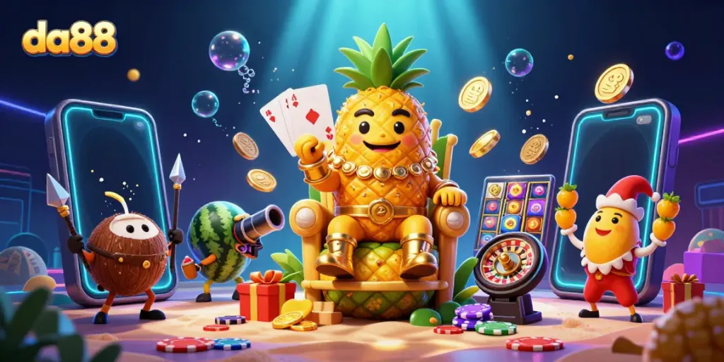 Engage with da88's vibrant casino world featuring the golden pineapple king and revelers.