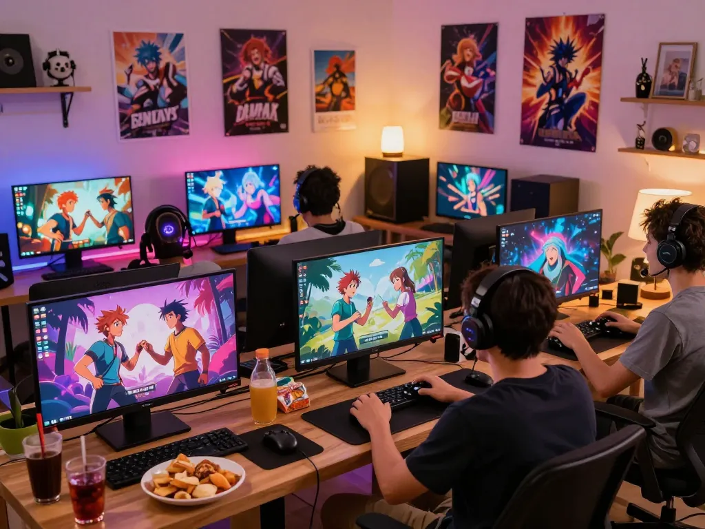 Engaged players enjoying animated adult visual novel games focusing on game porn in a cozy setting.