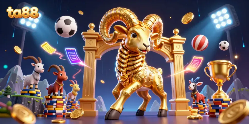 Experience the thrill of ta88 with a vibrant, action-packed 3D illustration showcasing dynamic casino elements and a golden ram.