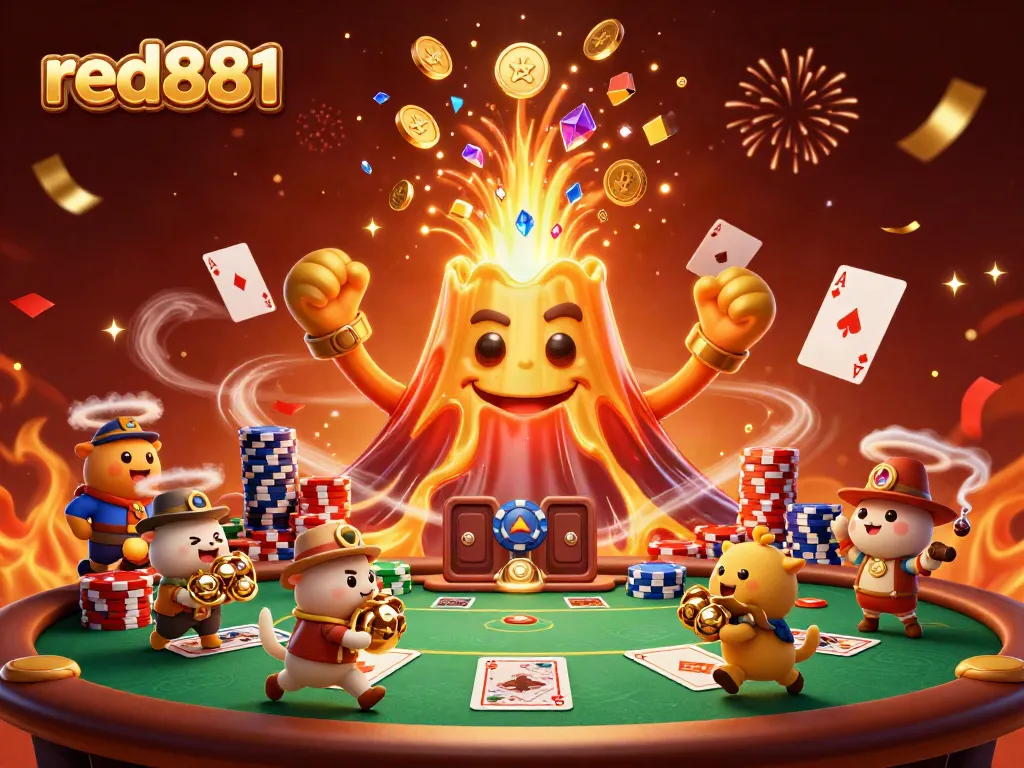Experience epic winning moments at red881 with a triumphant volcano surrounded by poker excitement