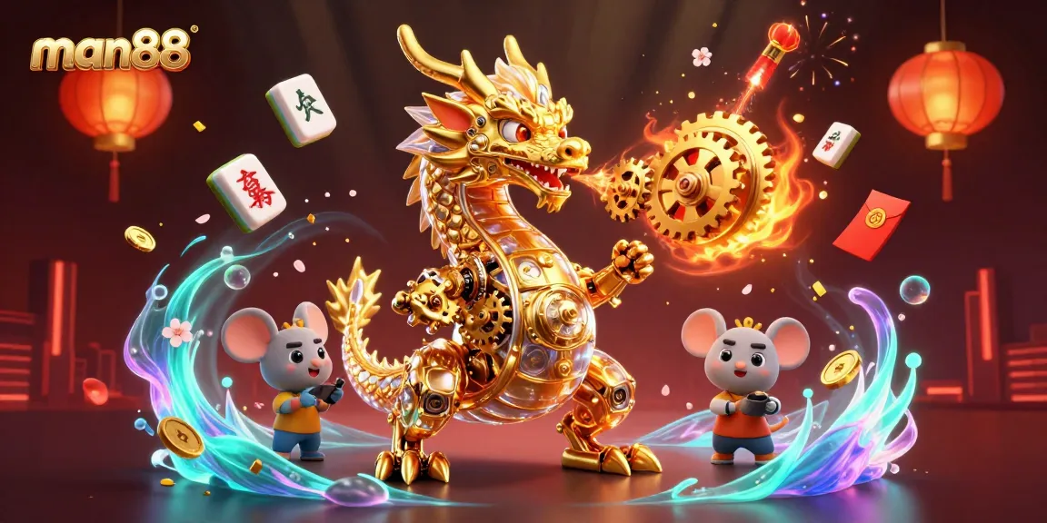 Experience the thrilling world of man88 with a golden dragon amidst festive casino elements.