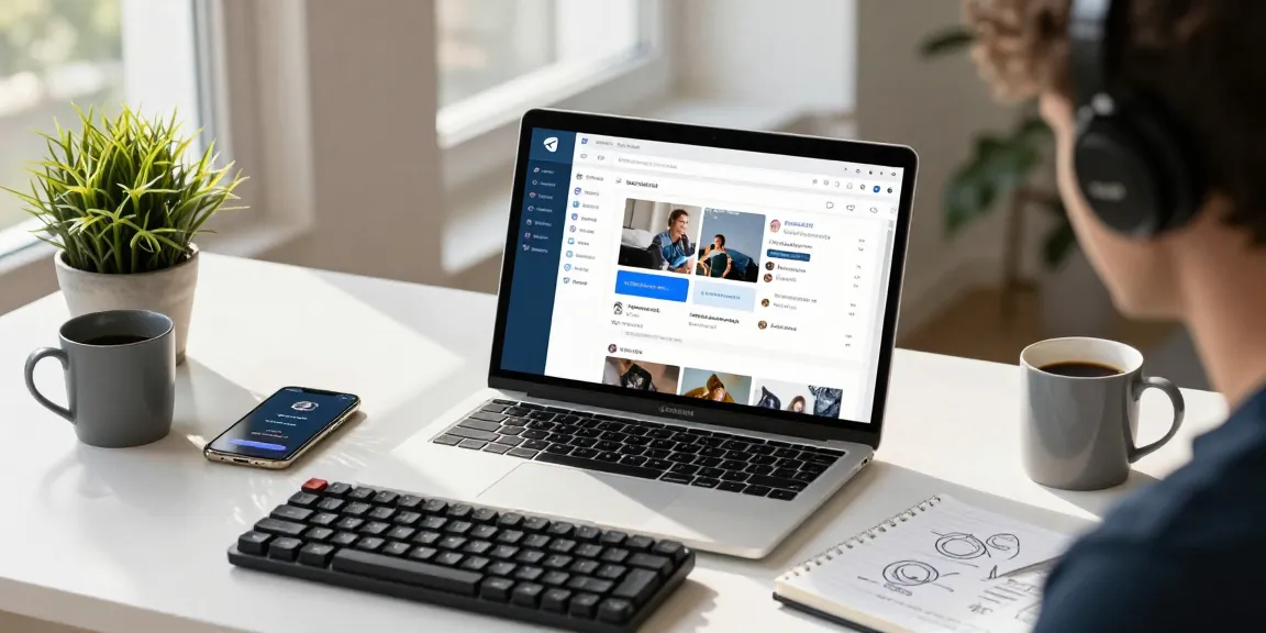 Engaging with the Telegram web version in a modern workspace, featuring a laptop and tech accessories.