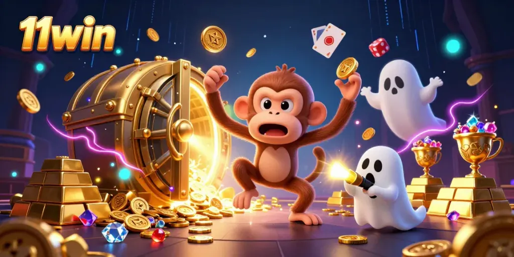 Engaging casino scene with 11win's playful poltergeist monkey and ghost-hunter puppy amidst golden treasures.