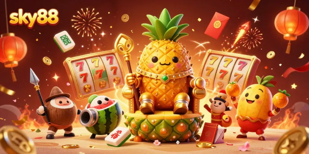 Experience the vibrant adventure of sky88 with animated casino elements and the pineapple king.