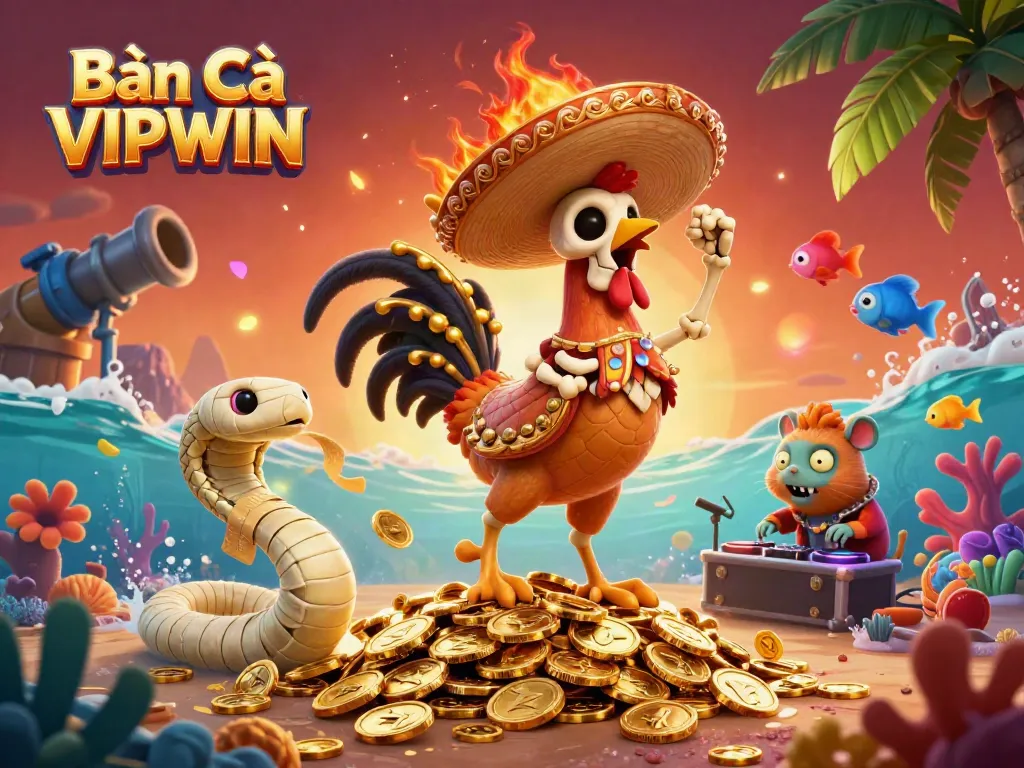 Engage in thrilling gameplay with Bắn Cá VIPWIN, featuring vibrant underwater action and a celebratory rooster.