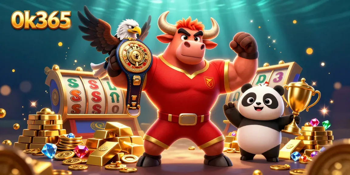 Win big with 0k365 in this lively casino-themed illustration featuring jackpots and vibrant characters.