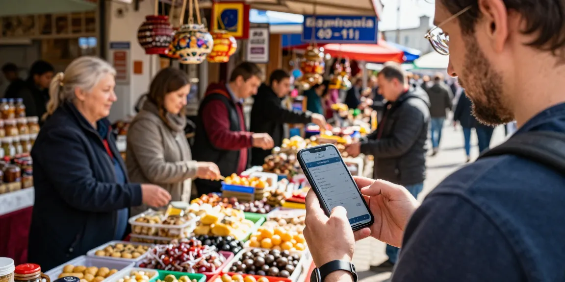 Rus pazarında PayInRussia uygulaması ile alışveriş yapan bir turistin görüntüsü.