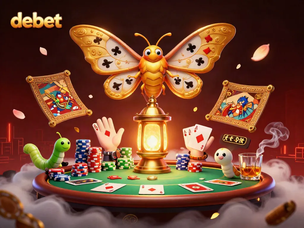 Play poker with debet's stunning games featuring a golden-winged atlas moth and vibrant casino elements.