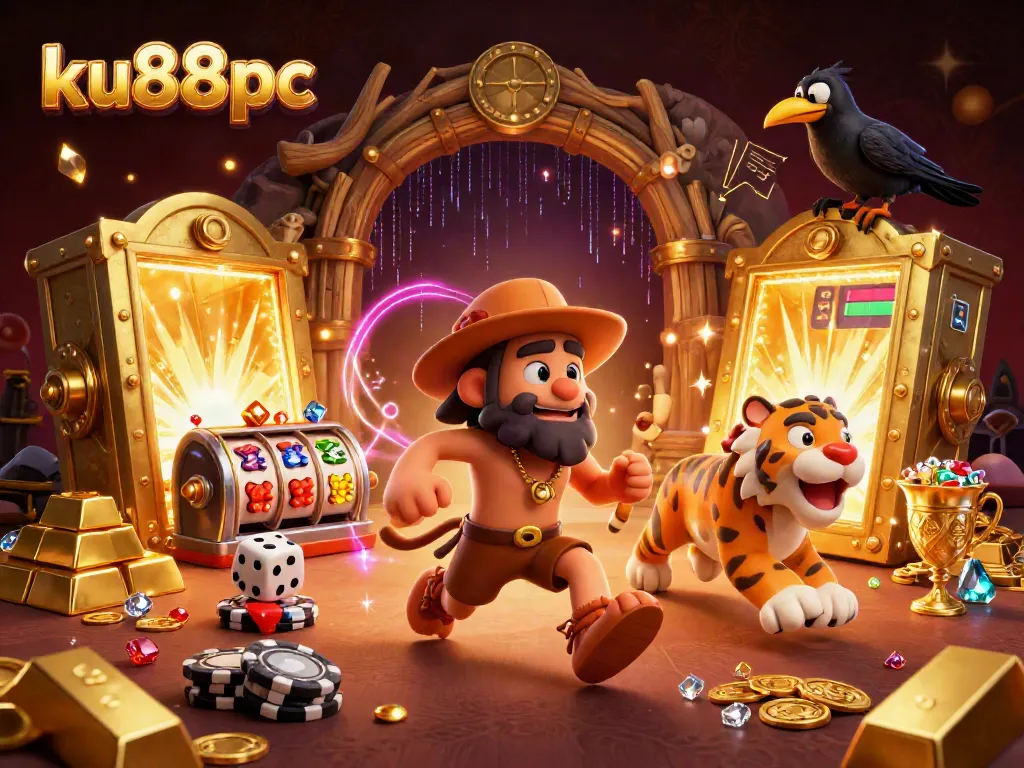 Experience thrilling gaming adventures at ku88pc with cartoon characters enjoying a vibrant prehistoric casino.