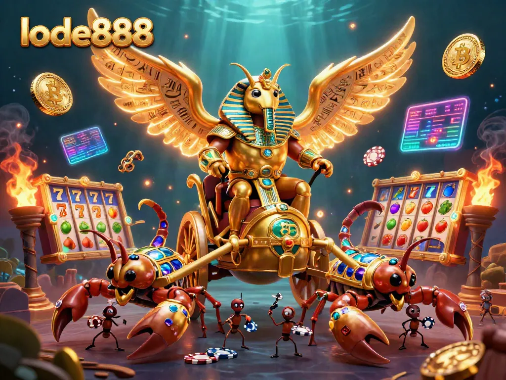 Experience thrilling gaming action with the lode888 casino featuring golden scarab, gems, and cryptocurrency.
