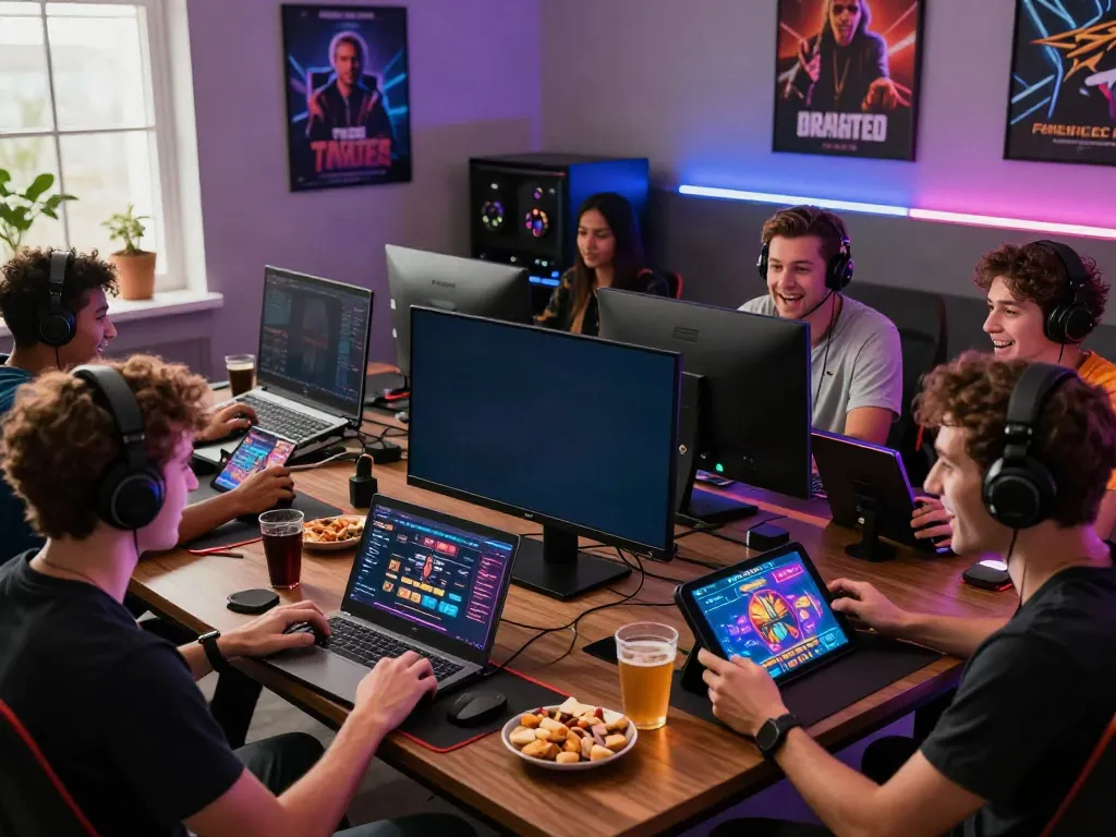 Diverse friends enjoying a thrilling gaming session on the nbet platform in a stylishly decorated room with vibrant LED lights.