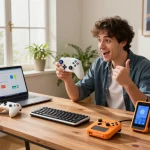 Home office showcasing must-have tech gadgets like the 8BitDo Ultimate 2 controller and Fitbit Charge 6 in an energetic and innovative workspace setting.