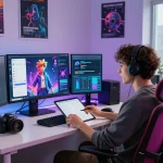 Engaged user chatting with AI character using advanced tech at modern workspace, crush on ai experience.