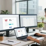 Professional woman exploring the WPS Official Website in a bright office workspace with modern tech.