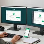 Person using WhatsApp電腦版 in a modern home office setup, dual monitors showing app interface.