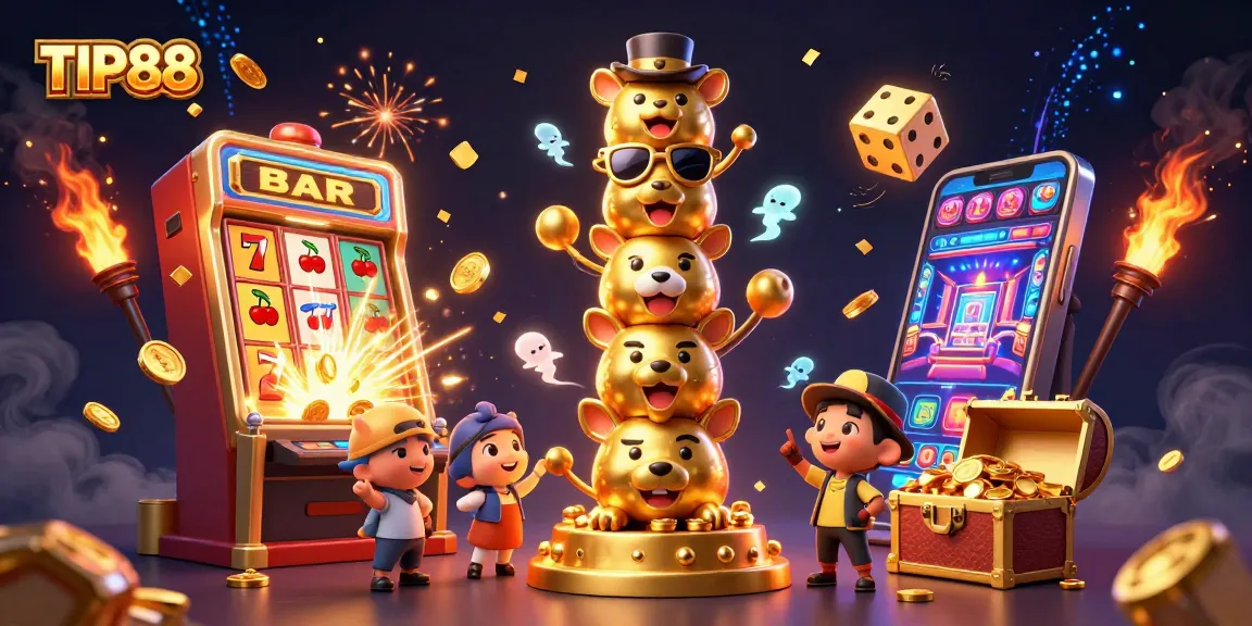 Experience exciting gameplay at TIP88 with a vibrant 3D casino scene featuring animated totem and slot machines.