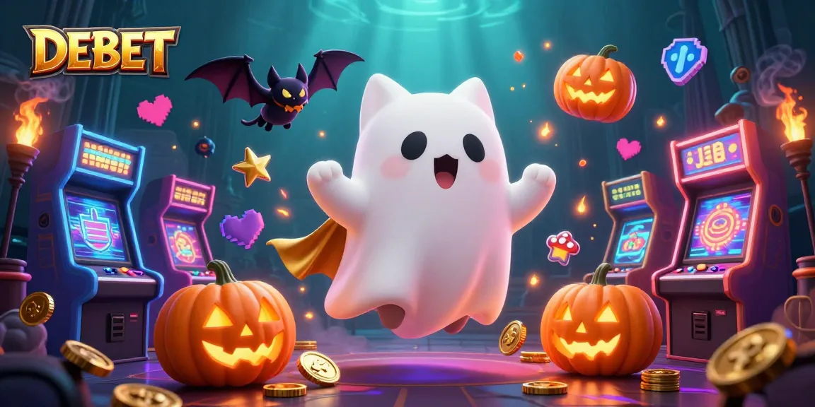 Engage with DEBET's thrilling gaming atmosphere featuring a ghost cat and vampire bat companions.
