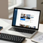 Engaging with the Telegram web version in a modern workspace, featuring a laptop and tech accessories.