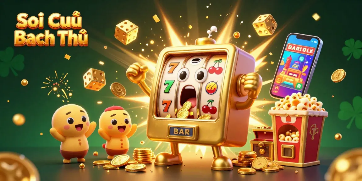 Soi Cầu Bạch Thủ celebrates with a golden slot machine hitting jackpots amid flying coins and festive confetti.