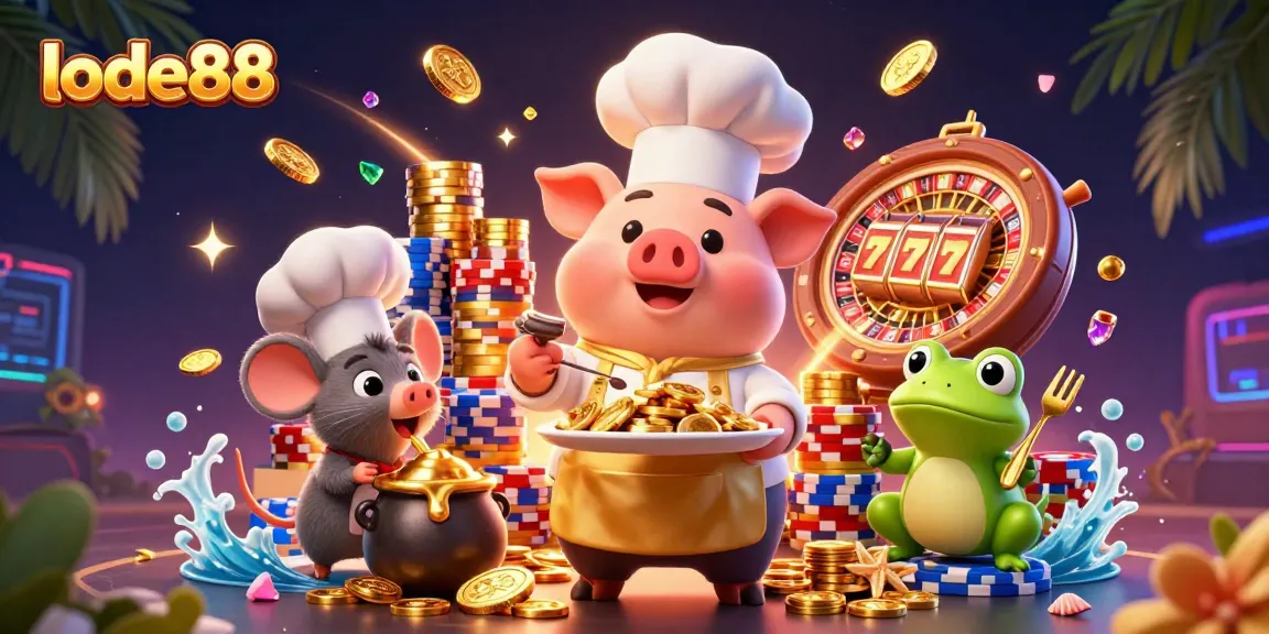 lode88 showcases vibrant casino energy with chef pig, tasting mouse, and frog critic amidst gaming riches