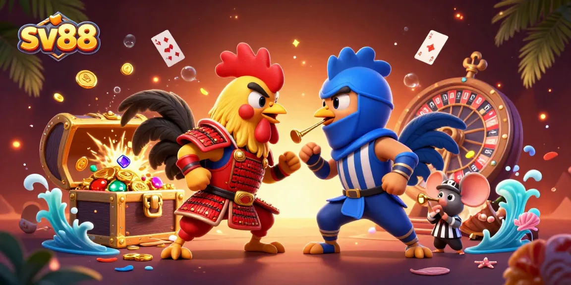 Engage with sv88 gaming as fighting roosters and vibrant casino elements create a thrilling online atmosphere.