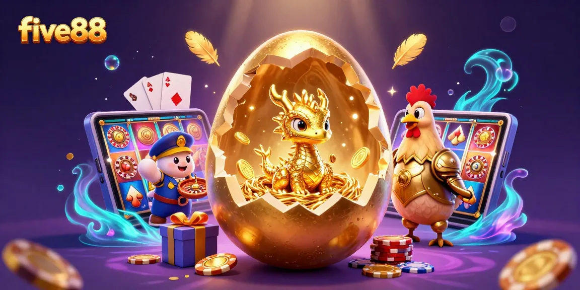Experience five88's thrilling casino action with a golden dragon, poker chips, and vibrant games.