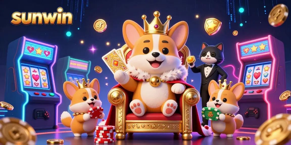 Experience the excitement of sunwin casino with cartoon characters on a throne of chips.